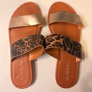 Anna Leopard Print and Gold Double Strap Slide Sandals Size 7